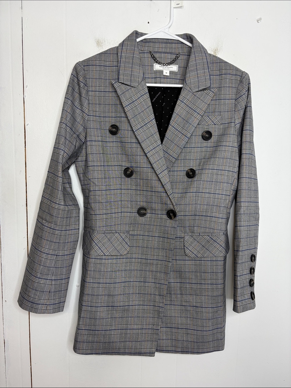 Belle And Bloom Blazer Womens Medium Glen Plaid Double Breasted Longer Length